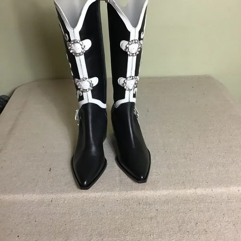 DossoDossi Women Leather Embellish Cowgirl boots Black Stone detail Size 38 NWOT